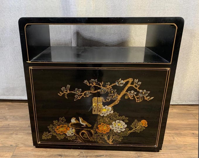 Vintage Chinese Asian Chinoiserie Floral Cabinet ~ Black Lacquered Side Table