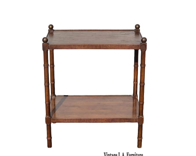 Vintage French Country Two Tier Wood Side Table w Round Finials