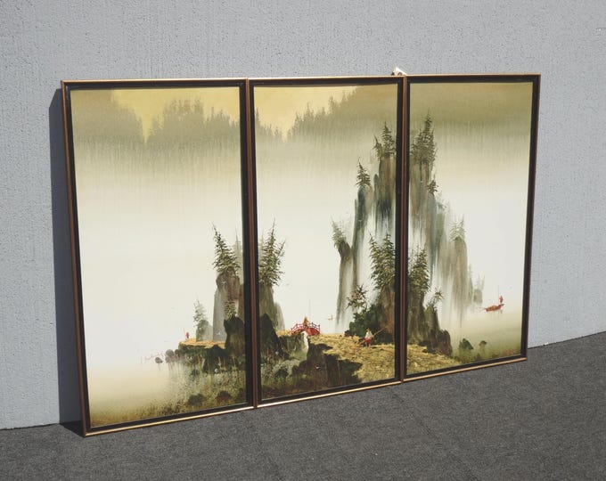 Vintage Oriental Asian Oil on Canvas Picture Painting Mountain Fishing ~ Signed