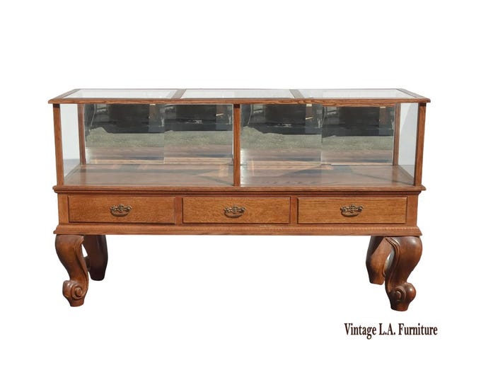 Large Vintage French Country Mercantile Store Display Case Floor Cabinet w Mirror Doors