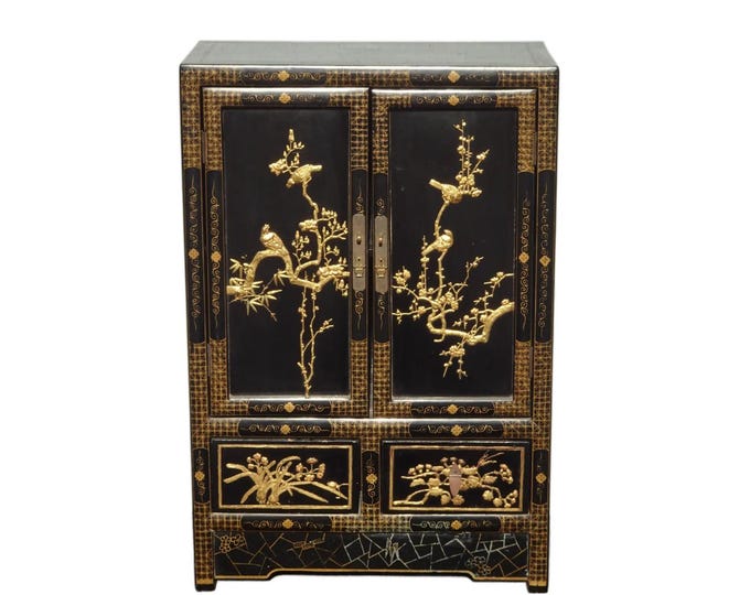 Vintage Oriental Chinese Chinoiserie Black Lacquer Cabinet w Drawers 1of2