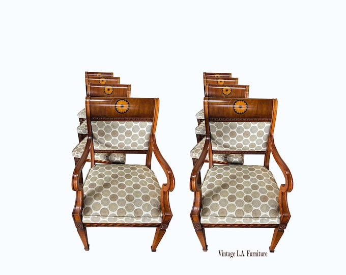 Set of Eight Vintage Marquetry Medallion Inlay Dining Room Chairs