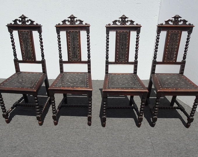 Set of Four Embossed Leather Barley Twist Carved Chairs ~ Spanish Style