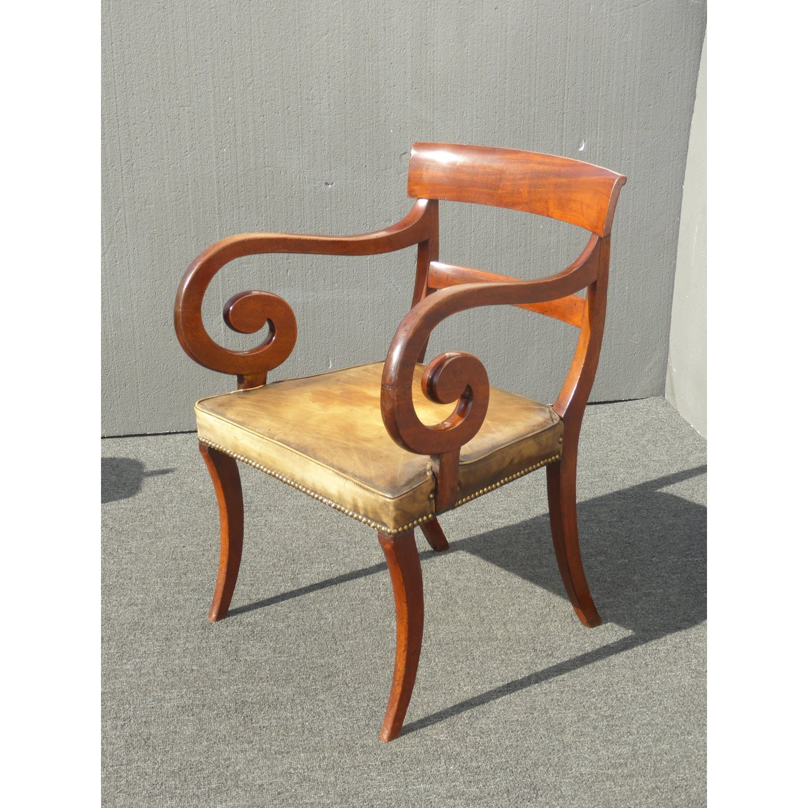 Vintage French Accent Chair w Rolled Armrests & Leather Seat