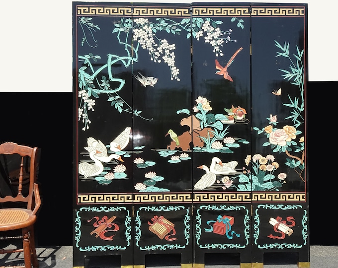 Vintage Oriental Asian Blue Coromandel Four Panel Screen Room Divider w Swans #2