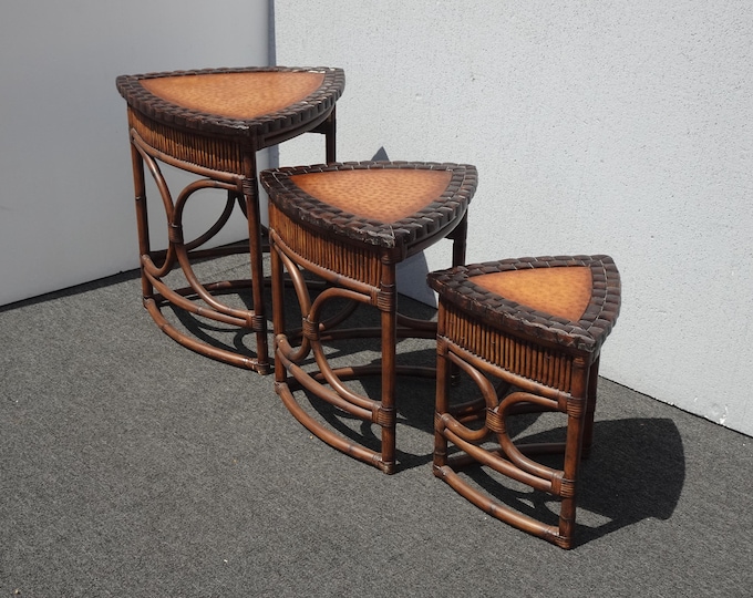 Set of Three Vintage Bamboo Rattan Leather Ostrich Nesting Tables French Country LH2