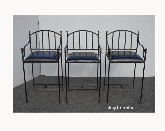 Set of Three Vintage Spanish Style Wrought Iron Bar Stools Barstools w Leather