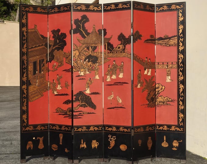 84"Tall Vintage Six Panel Oriental Asian Red Folding Screen Room Divider Palace