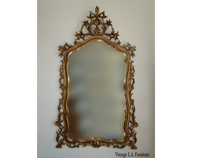 Vintage French Louis XVI Ornate Rococo Gold Wall Mantle Mirror Made in Italy