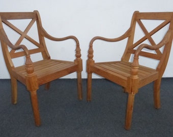 Pair of Vintage French Country Designer Teak Wood Arm Chairs w Cushions