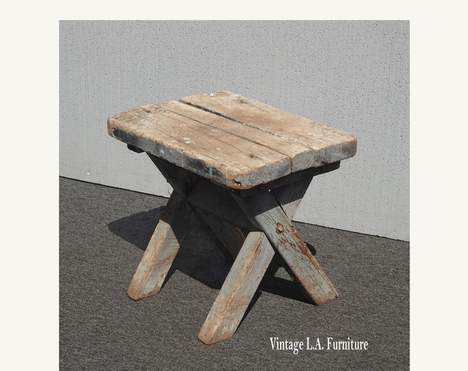 Antique Farmhouse Primitive X Shaped Blue Rustic Bench Stool ~ French Country