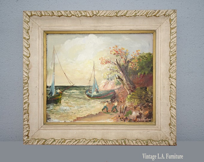 Vintage Oil Picture Painting 'Pulling Boat in from Ocean signed P. H. Schuchard