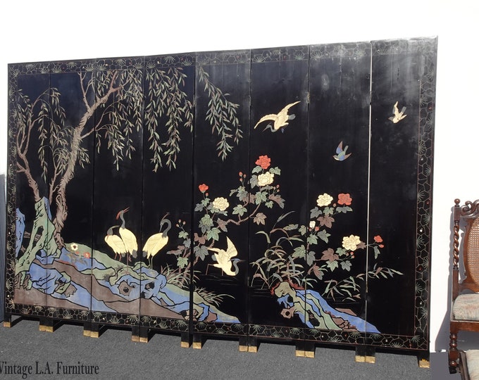 Vintage Oriental Asian Ming Style Coromandel Chinoiserie Blue Eight Panel Screen
