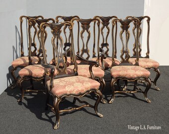 Set of Eight French Style Tallback Dining Room Chairs Gold Trim & Rose Fabric