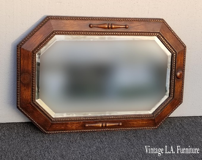 Vintage French Country Brown Oak Polygon Wall Mantle Beveled Mirror