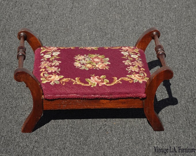 Vintage French Provincial Red Burgundy Floral Tapestry Needlepoint Footstool