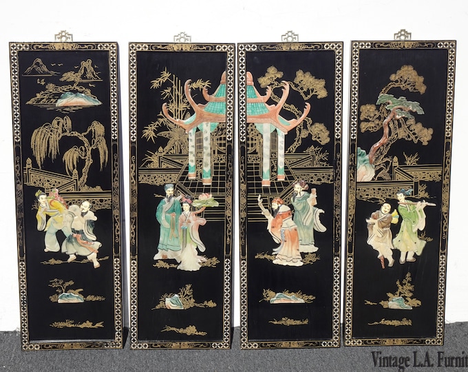 Vintage Black Oriental Asian Wall Four Panel Screen ~ Temple w Geisha's Picture