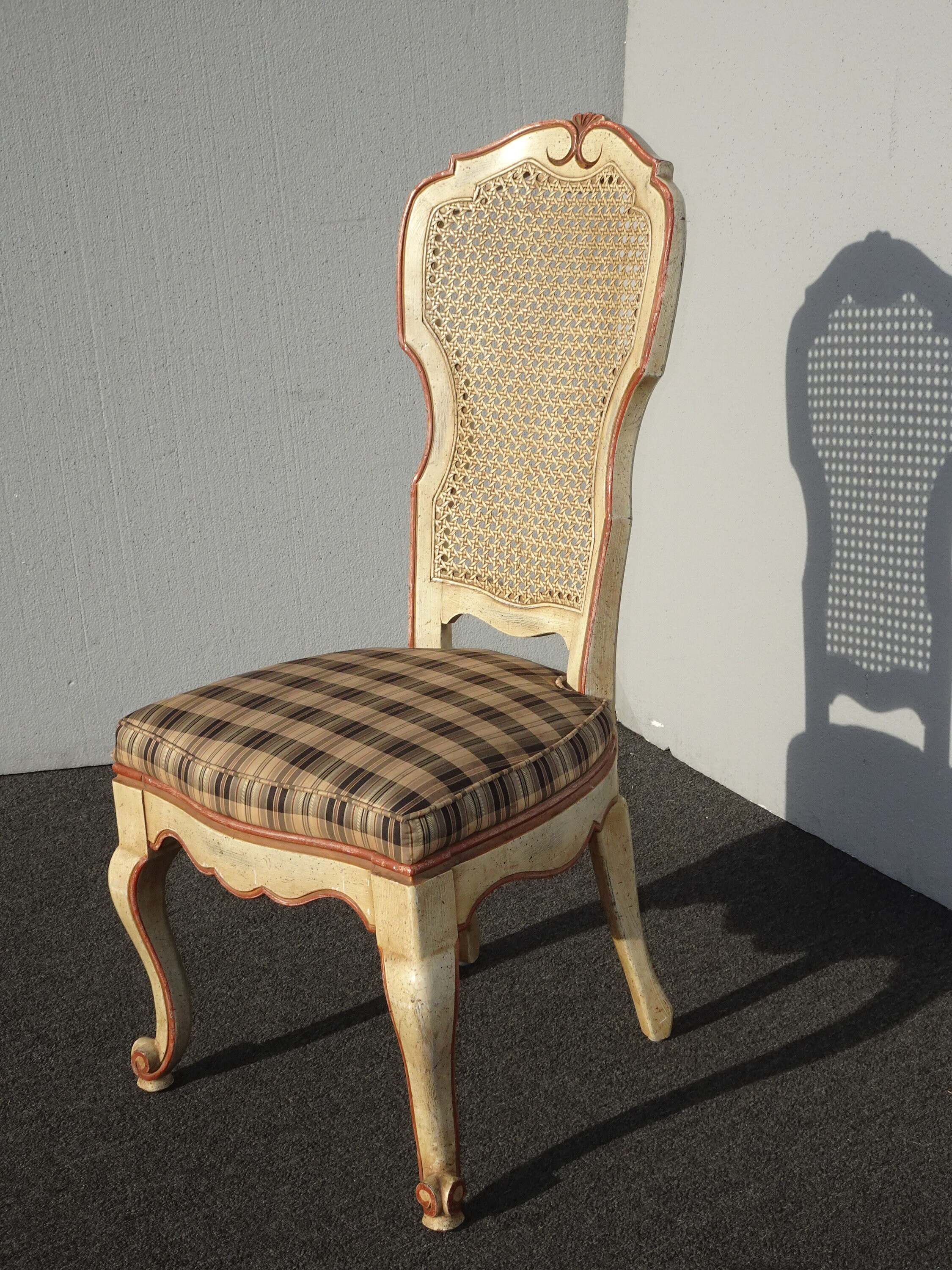 Set of Six Vintage French Country Cane Back Dining Chairs w Brown Plaid