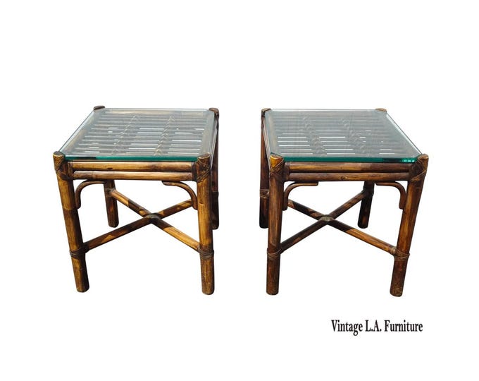 Pair of Vintage McGuire Brown Bamboo Rattan End Tables ~ Side Table