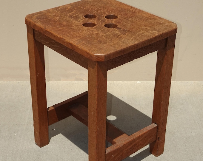 Vintage French Country Brown Oak Stool Farmhouse Chic