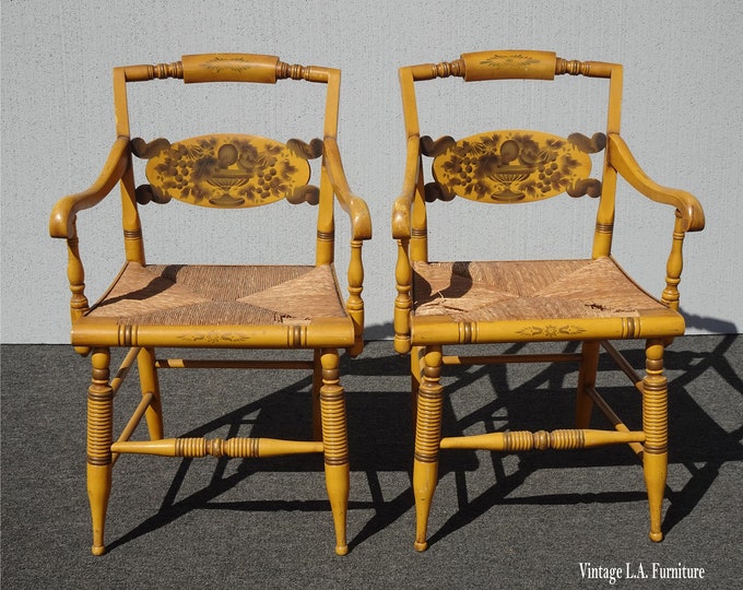 Pair of Two French Country Hitchcock Hand Painted Rush Seat Accent Chairs