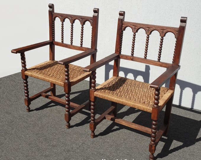 Pair of Two Vintage Spanish Style Barley Twist Accent Chairs