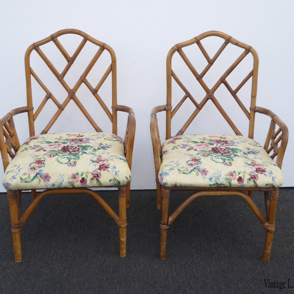 Pair of Vintage Mid Century Chinese Chippendale Bamboo Rattan Gold Floral Accent Chairs