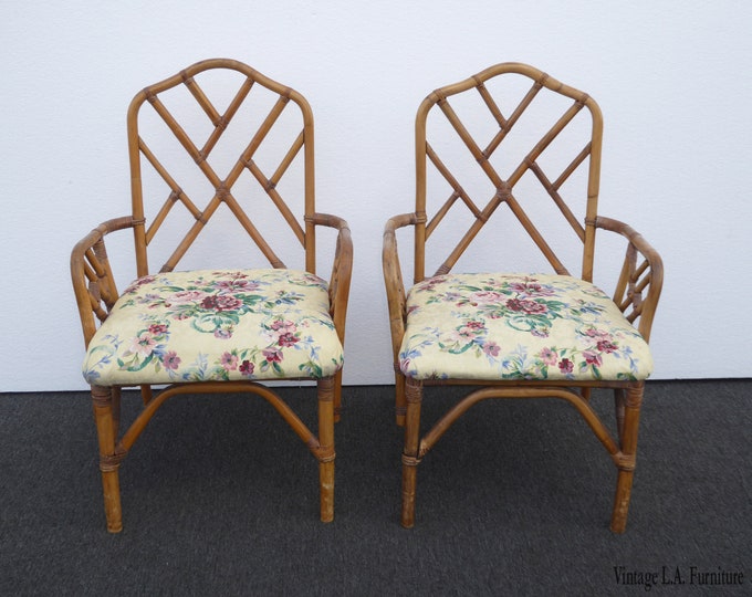 Pair of Vintage Mid Century Chinese Chippendale Bamboo Rattan Gold Floral Accent Chairs