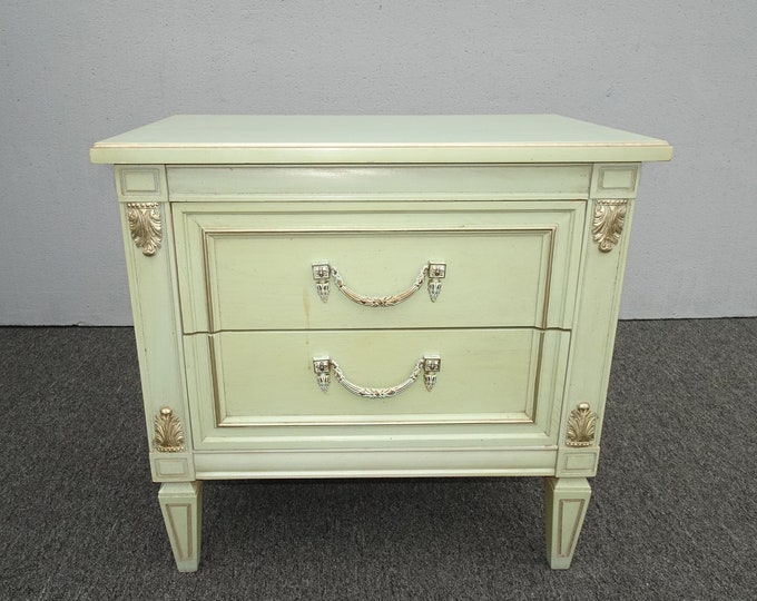 Vintage French Louis Style Lite Green Nightstand w Brass Handles