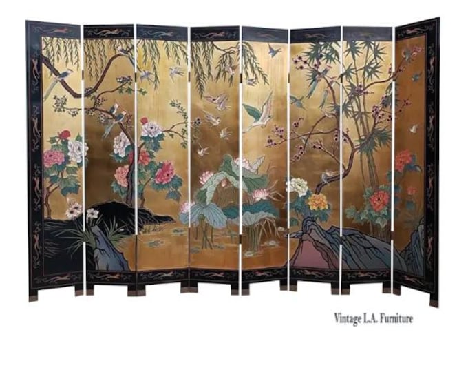 Vintage Eight Panel Oriental Asian Gold Folding Screen Room Divider w Birds