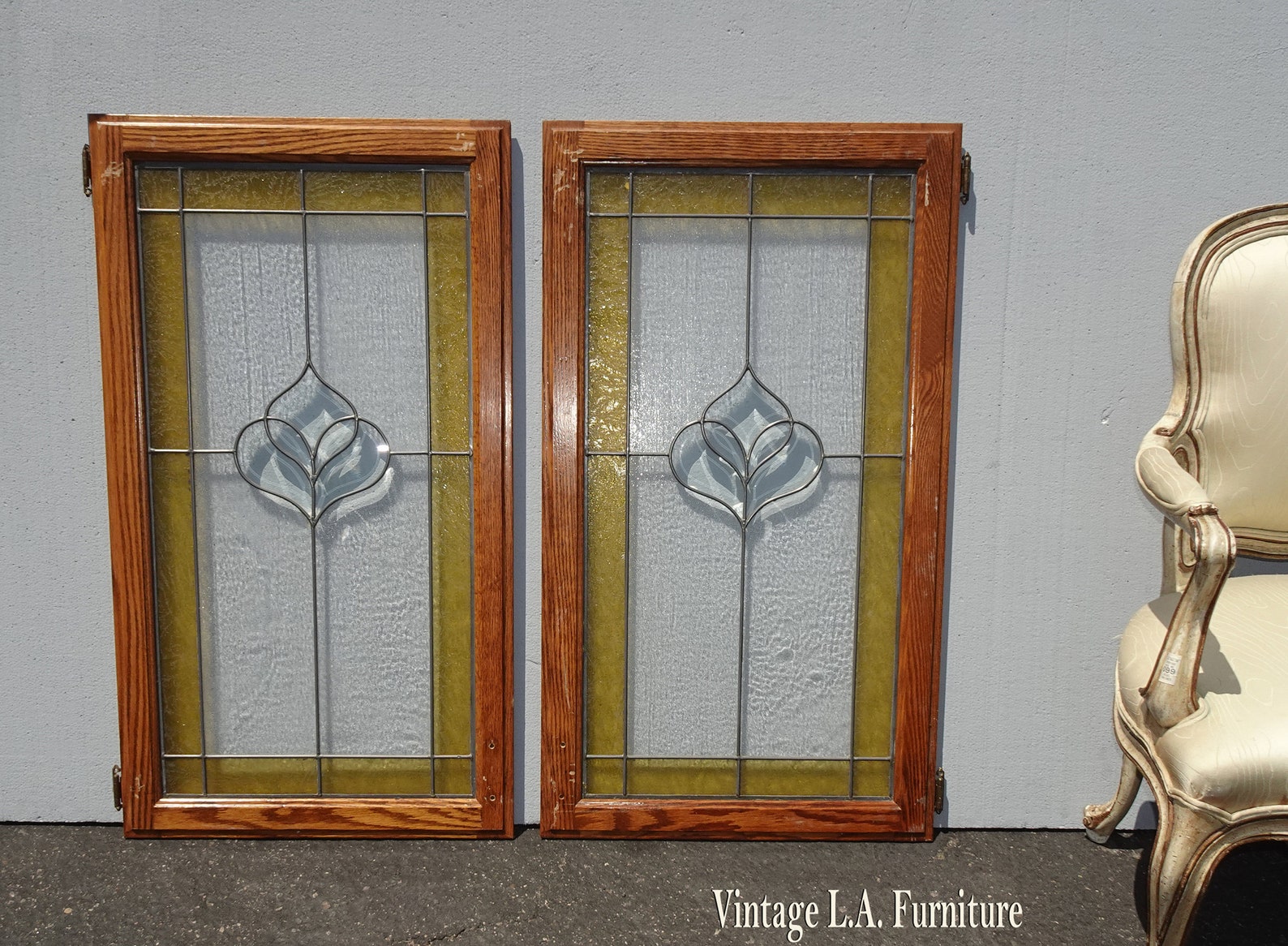 Pair of Vintage Stained Glass Doors Windows With Oak Frame & Clear