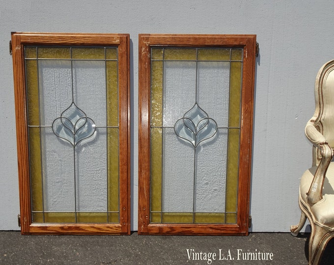 Pair of Vintage Stained Glass Doors Windows with Oak Frame & Clear Floral Center