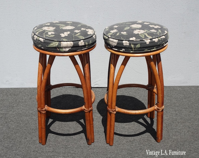 Pair Mid Century Bamboo Swivel Bar Stools by Heywood Wakefield ~ Tiki Palm Beach