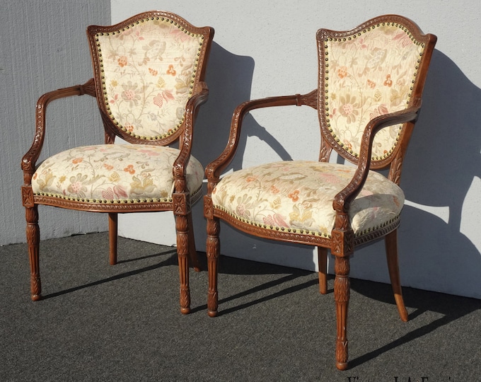 Pair of Vintage Highly Carved French Country Accent Chairs ~ Shield Back