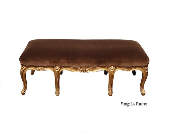 Vintage French Provincial Brown Velvet Bed Side Bench Gold Gilted Cabriole Legs