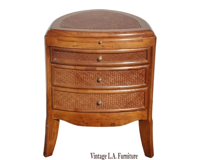 Vintage French Country Bamboo Rattan Side Table End Table w Drawers ~ Triangle