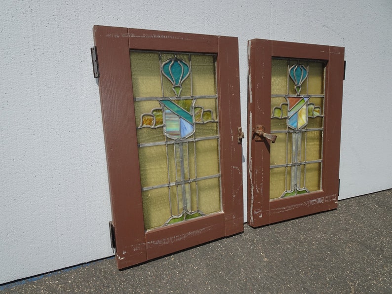 Antique Stained Glass Doors Windows W Candle Stand & Flame