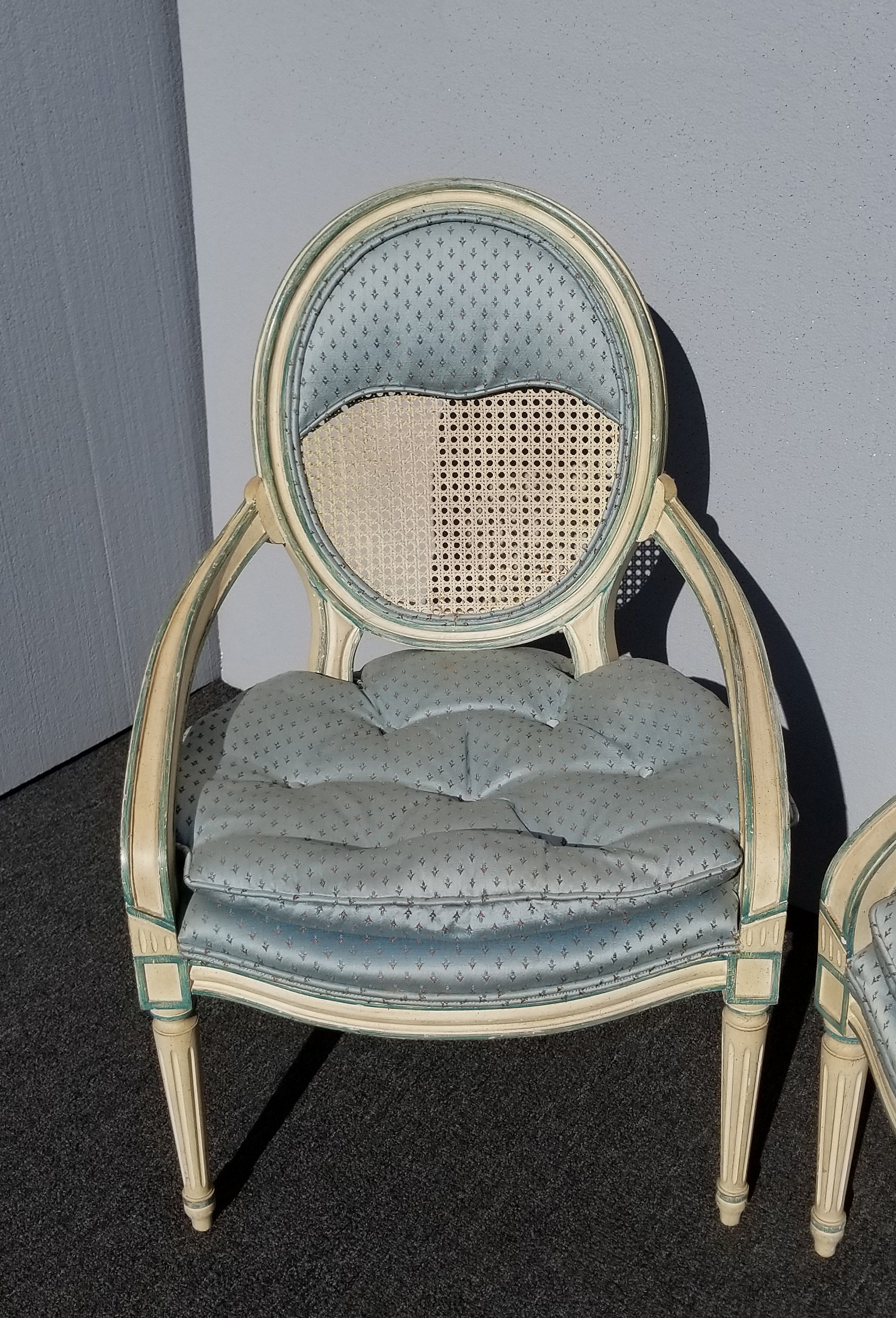 Pair Vintage French Country Baby Blue Cane Back Accent Chairs