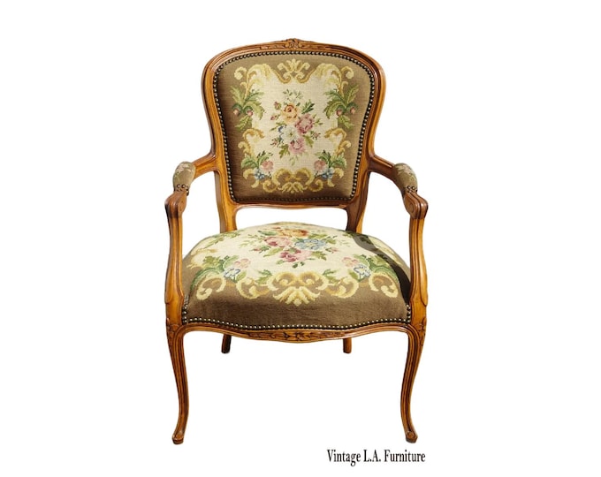 Vintage French Provincial Olive Green Floral Tapestry Needlepoint Chair