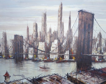 Vintage Mid Century Brooklyn Bridge Picture by Duchamp Oil on