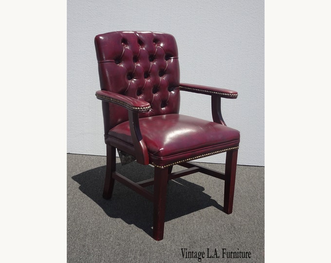 Vintage French Country Tufted Burgundy Vinyl Cigar Chair w Decorative Nails