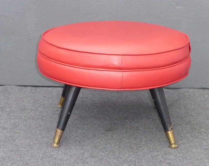 Vintage Mid-Century Modern Rount Swivel Red Vinyl Ottoman