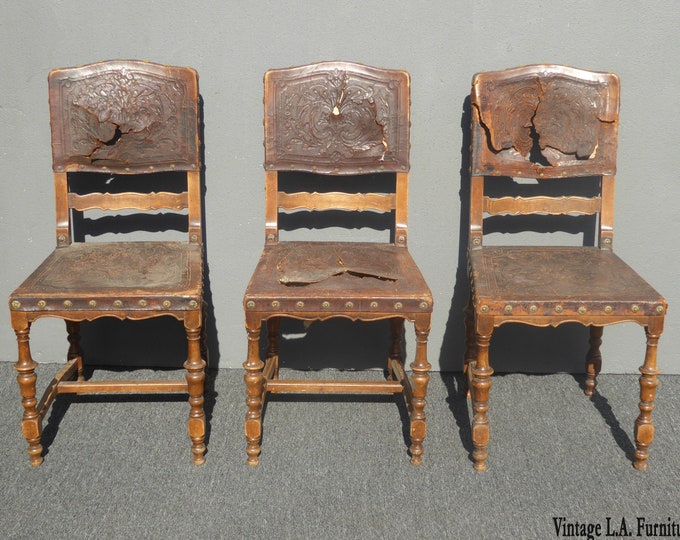 3 Antique Spanish Revival Embossed Leather Accent Chairs Decorative Nails / Pair