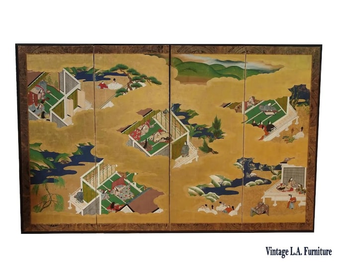 1800s Japanese Four Panel Screen Picture Genji Tokugawa w Letter of Authenticity