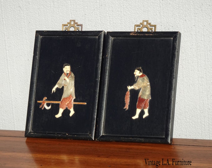 Pair of Oriental Asian Black Pictures w Mother of Pearl 'Men Farming & Fishing'