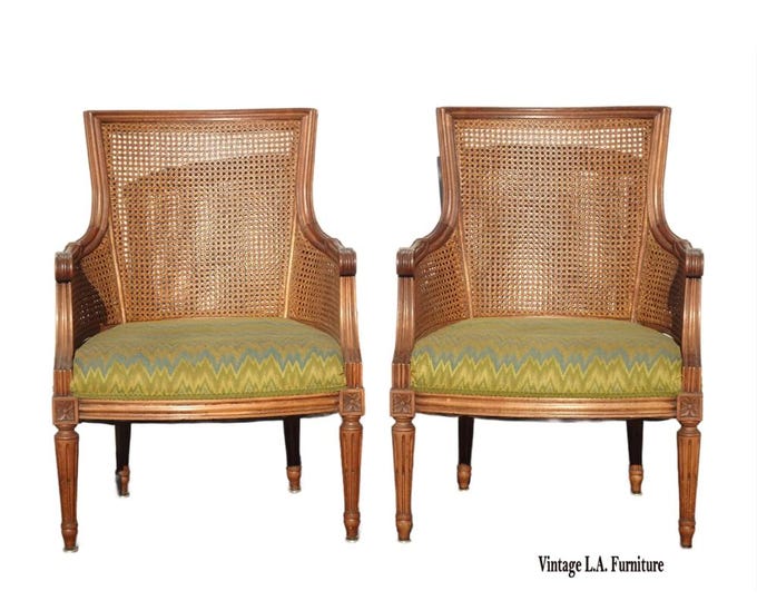Pair of Vintage French Louis XVI Cane Bergere Green Arm Chairs