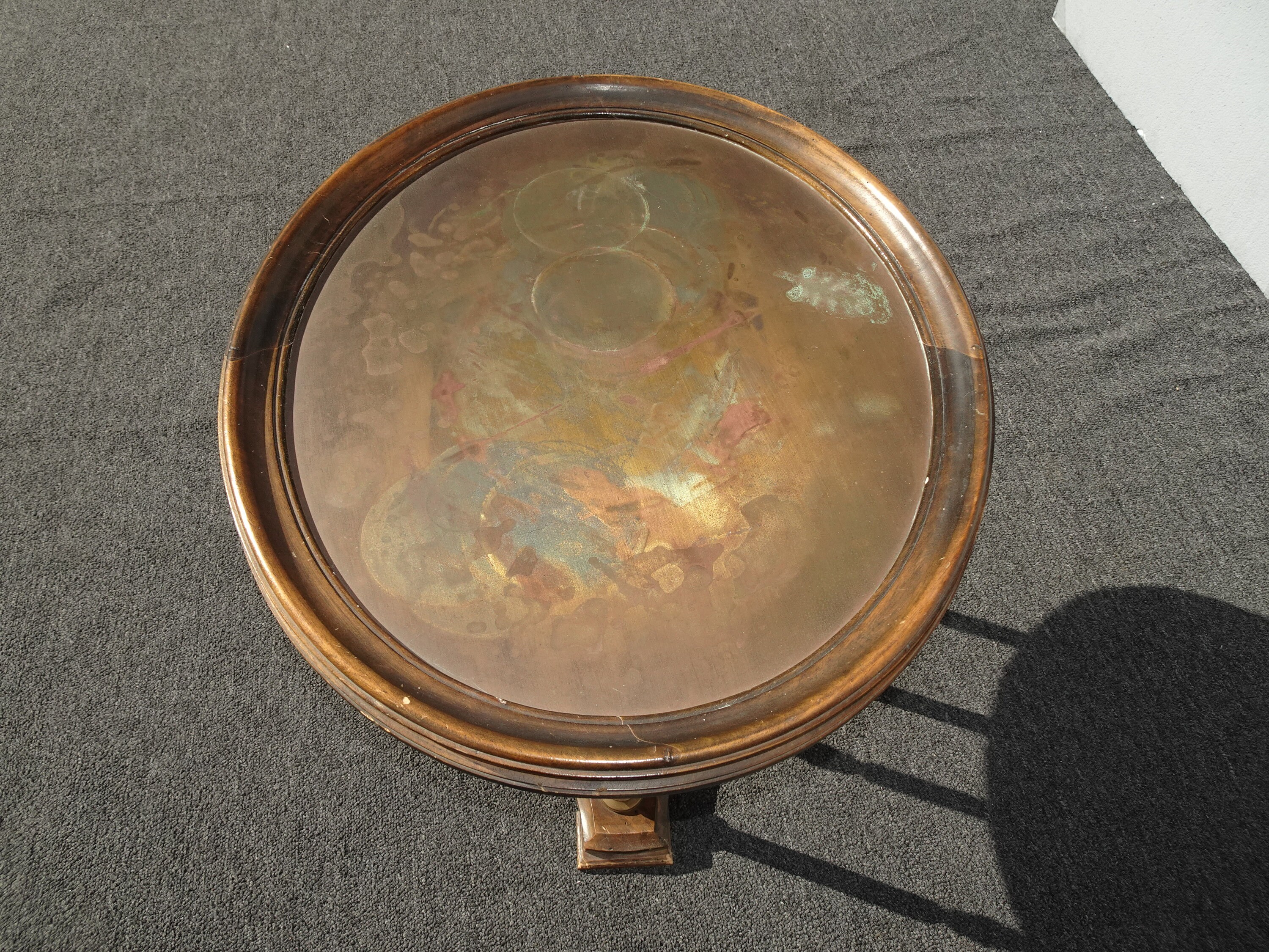 Vintage French Country Oval Side Table w Aged Copper Table Top and