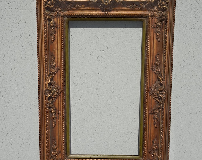 31" Tall Vintage French Country Gold Ornate Picture Frame w Green Inner Strip