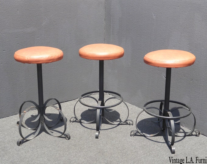 Set of Three Vintage Spanish Style Orange Iron Bar Stools Mid Century Modern