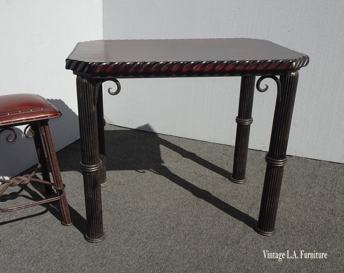 35"H Vintage Spanish Style Wrought Iron Tall Dining Table ~ Carved Wood Top